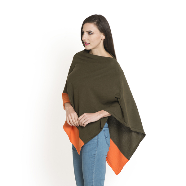 Olive and Orange Colour Jacquard Pattern Poncho (One Size Fits All)