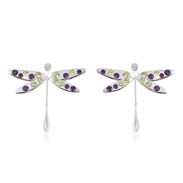 LucyQ Dragonfly Collection - Freshwater White Pearl, Hebei Peridot and Amethyst Earrings (with Push 