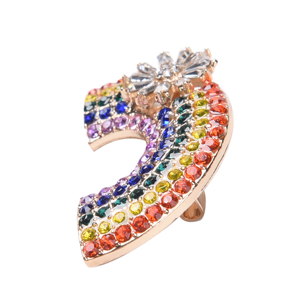 Multi Colour Austrian Crystal and Simulated Diamond Rainbow Brooch with Flower in Yellow Gold Tone