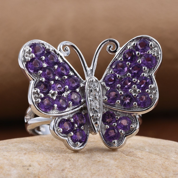 Uruguay Amethyst (Rnd), Natural Cambodian Zircon Butterfly Ring in Platinum Overlay Sterling Silver 2.500 Ct.