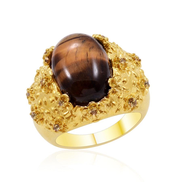 Tigers Eye (Ovl 9.75 Ct), Simulated Yellow Sapphire Ring in ION Plated 18K YG Bond 10.000 Ct.