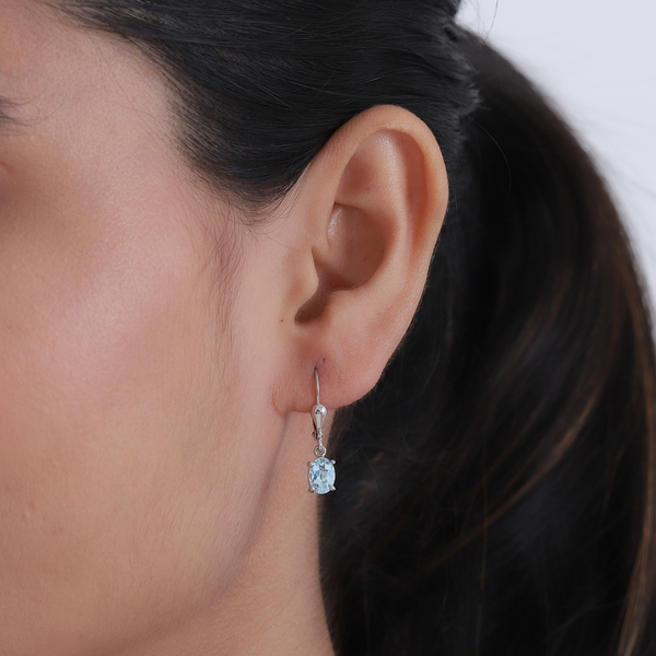 Sky Blue Topaz Lever Back Earrings in Platinum Overlay Sterling Silver 2.03 Ct.