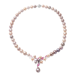 Multi Colour Edison Pearl Enamelled Necklace (Size - 20) With Magnetic Lock in Sterling Silver, Silv