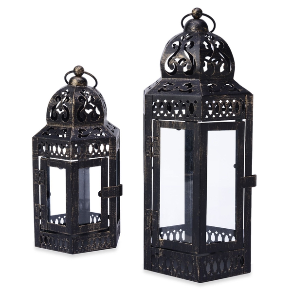 Set of 2 - Black Colour Six Sided Dome Shaped Medium and Small Roof Lantern (Size 31x14.2x12 Cm, 21x