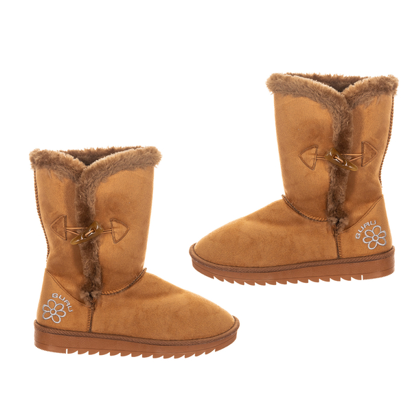 GURU Womens Winter Fluffy Ankle Boots with Button Closure (Size 3) - Tan