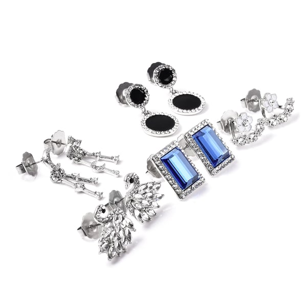 Set of 5 - White and Black Austrian Crystal, Simulated Diamond, Simulated Blue Topaz Enamelled Earrings (with Push Back and Detachable)