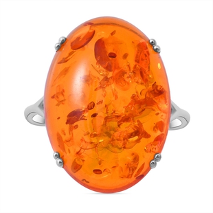 Baltic Amber (Oval 22x16 mm) Ring in Rhodium Overlay Sterling Silver