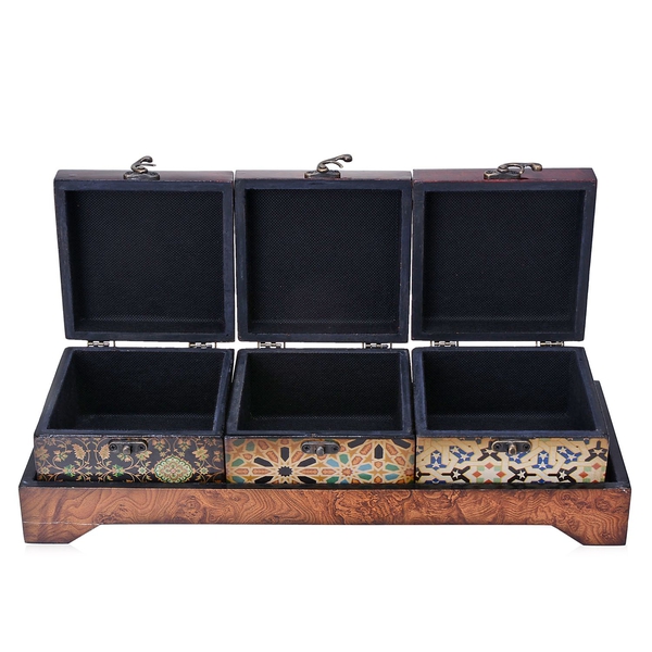 Floral, Cone and Star Pattern Glossy Lacquer Coating 3 Wooden Jewellery Box (Size 12x12x8 Cm) with a Tray (Size 42x24x22 Cm)