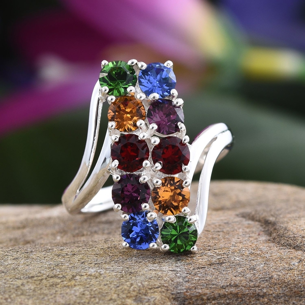 - Sapphire Colour Crystal (Rnd), Amethyst Colour Crystal, Light Siam Crystal, Topaz Colour Crystal and Fern Green Crystal Ring in Sterling Silver 1.750 Ct.