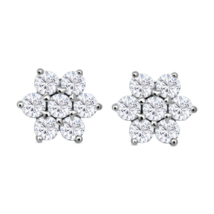 Moissanite Floral Stud Earrings (with Push Back) in Rhodium Overlay Sterling Silver 1.50 Ct.