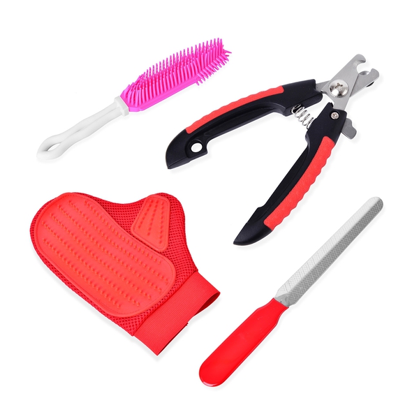 Pet Accessories - Set Of 4 - Red, Black and Pink Colour Glove, Hair Cleaner, Nail Scissors and Nail 