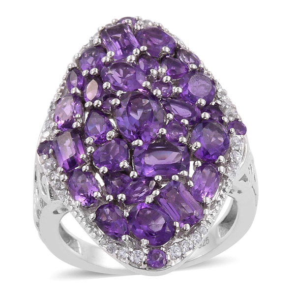 Amethyst and Natural Cambodian Zircon Cluster Ring in Platinum Overlay Sterling Silver 6.750 Ct. Sil