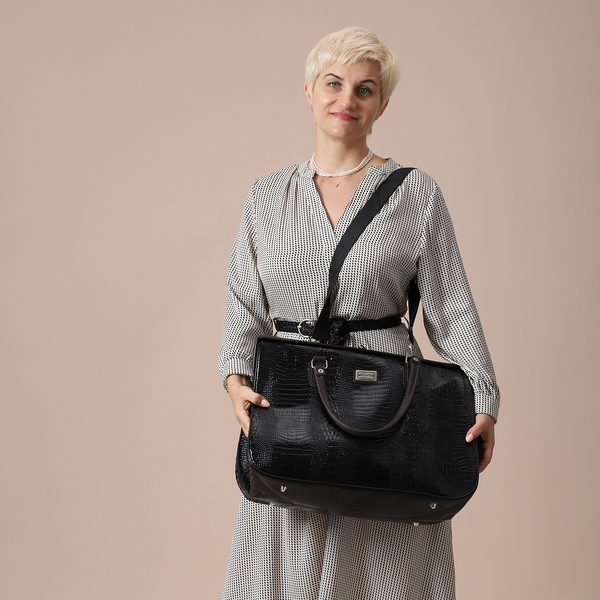 PASSAGE Stylish Crocodile Skin Pattern Bag with Detachable Shoulder Strap and Zipper Closure (Size 47x22x33cm) - Black