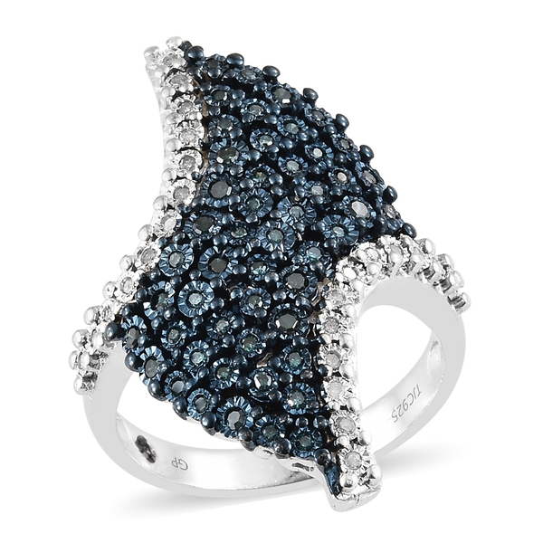 GP Blue Diamond (Rnd), Kanchanaburi Blue Sapphire Cluster Ring in Blue and Platinum Overlay Sterling