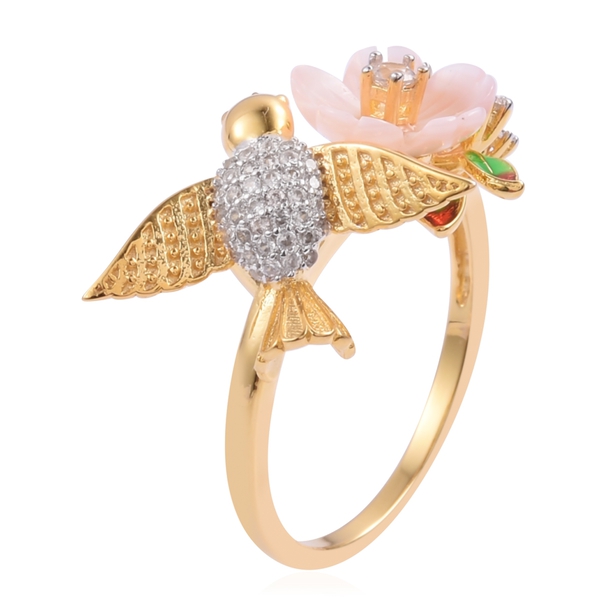 Jardin Collection -Pink Mother of Pearl, Natural White Cambodian Zircon Hummingbirds Ring in Gold and Rhodium Overlay with Enameled Sterling Silver 2.000  Ct.