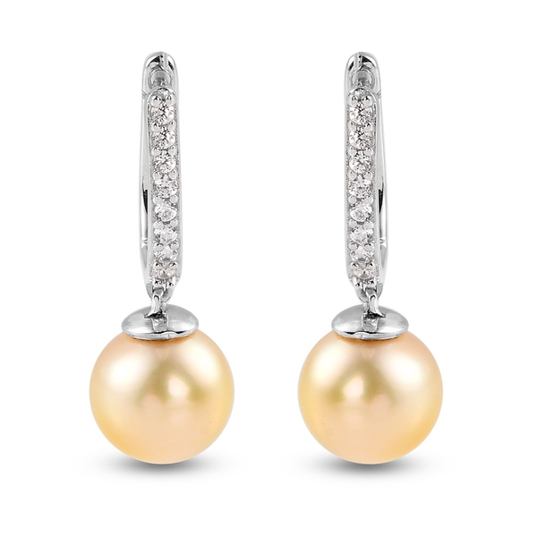 Golden South Sea Pearl and Natural Cambodian Zircon Earrings in Platinum Overlay Sterling Silver