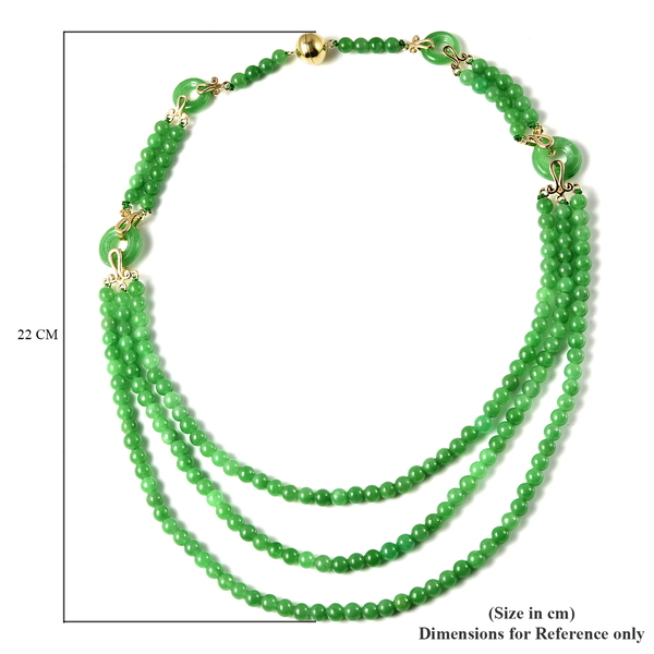Green Jade Three Layer Beads Necklace (Size - 20) with Magnetic Lock in Yellow Gold Overlay Sterling Silver 367.91 Ct, Silver wt 5.00 Gms