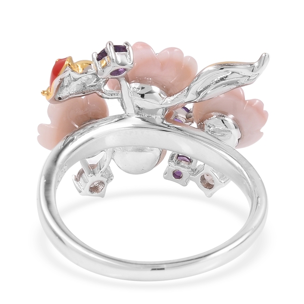 JARDIN COLLECTION - Pink Mother of Pearl, Freshwater White Pearl, Amethyst, and Natural White Cambodian Zircon Enameled Floral Ring in Rhodium and Gold Overlay Sterling Silver, Silver wt 5.77 Gms