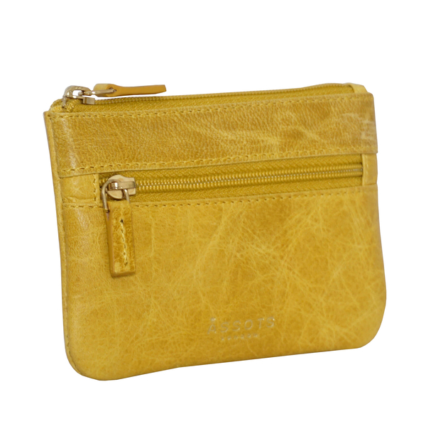 Assots London Mary 100% Genuine Leather Zip Top Coin Purse in Yellow (Size 12.5x8.5cm)
