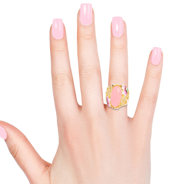 Pink Jade (Ovl 20x10 mm), Natural Cambodian White Zircon Ring in Yellow Gold Overlay with Enameling Sterling Silver 11.710 Ct, Silver wt 8.46 Gms.