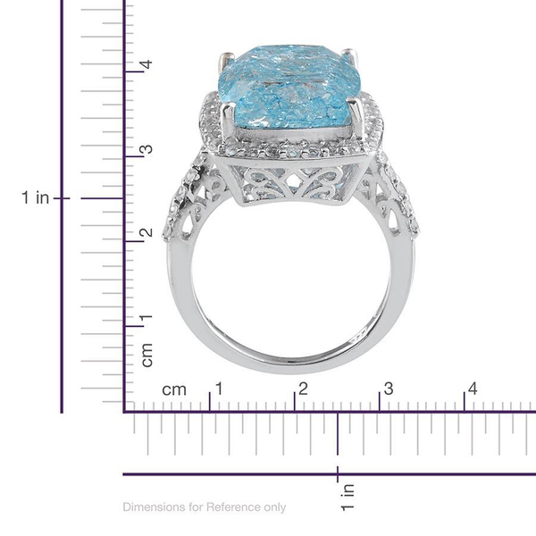 Blue Crackled Quartz (Cush 11.50 Ct), White Topaz Ring in Platinum Overlay Sterling Silver 12.250 Ct.