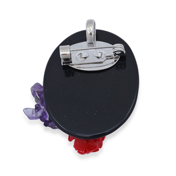 Black Obsedian, Amethyst Brooch or Pendant in Silver Tone with Stainless Steel Chain and Resin