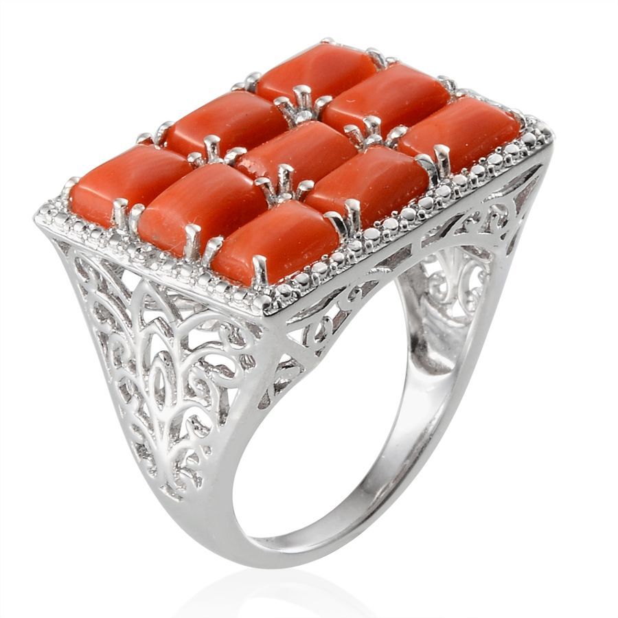 Natural Mediterranean Coral (Bgt), Diamond Ring in Platinum Overlay Sterling Silver 4.770 Ct.