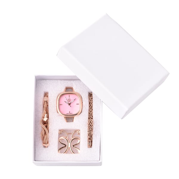 3 Piece Set - STRADA Japanese Movement Pink Dial Water Resistant Watch with Chain (Size 24), Bracelet (Size 7.5) and Butterfly Charm in Rose Gold Tone