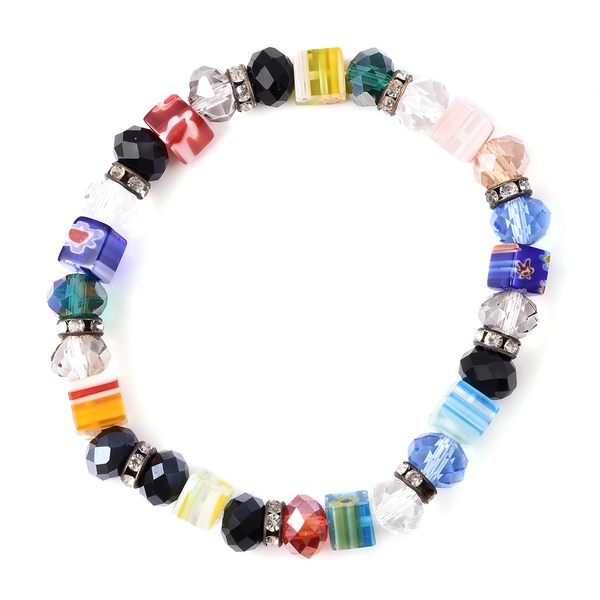 Simulated Multi Colour Gemstone, White Austrian Crystal and Multi Colour Murano Grass Stretchable Beads Bracelet (Size 6.5) in Silver Tone