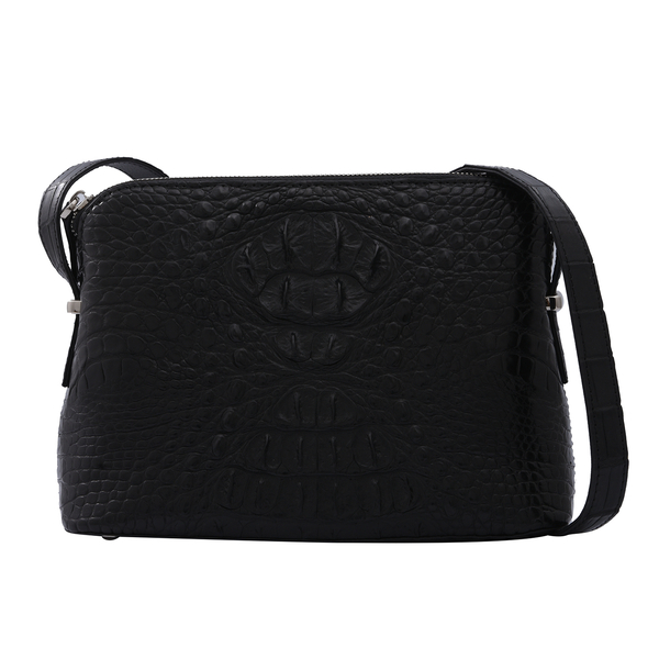 RIVER Genuine Crocodile Leather Bag with Zipper Closure - Black