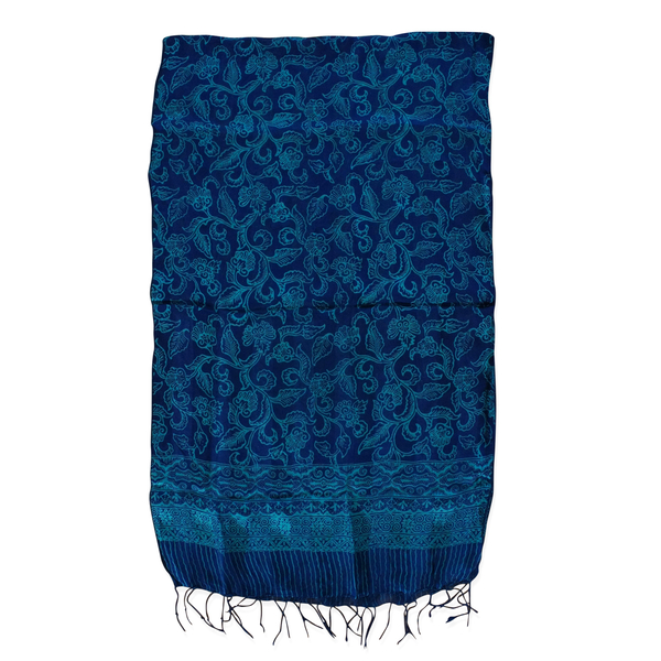 Dark Blue Colour Batik Print 100% Silk Scarf (Size 150x45 Cm)