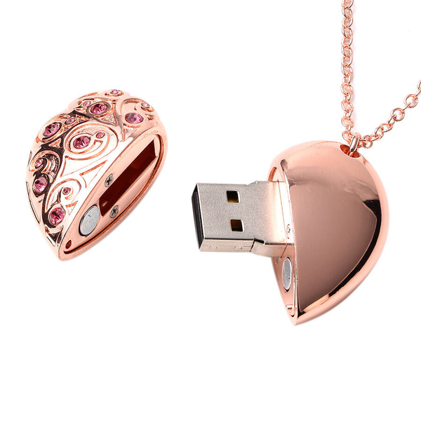 Pink Austrian Crystal Pendant with Chain (Size 24) with USB Storage Device 16GB in Rose Gold Tone