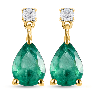 9K Yellow Gold AA  Zambian Emerald ,White Diamond  Dangling Earring With Push Back)
