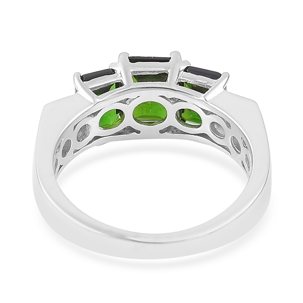 Chrome Diopside (Oct 1.00 Ct), Natural White Cambodian Zircon Ring in Rhodium Plated Sterling Silver 2.300 Ct.