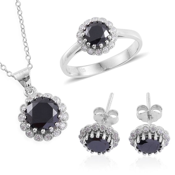 ELANZA AAA Simulated Black Spinel and Simulated White Diamond Ring, Earrings (With Push Back) and Pe