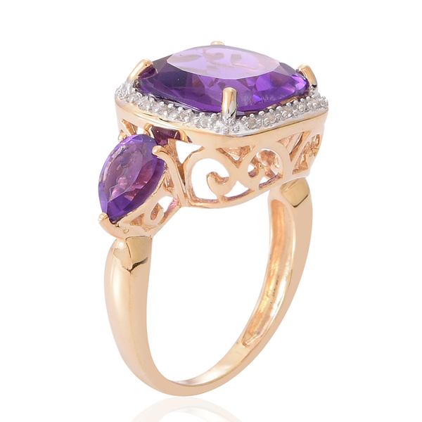 Amethyst (Cush 6.00 Ct), White Topaz Ring in 14K Gold Overlay Sterling Silver 7.250 Ct.