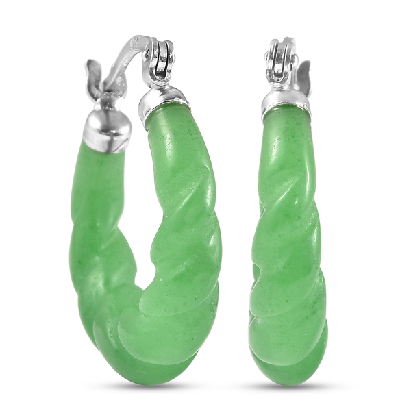 Designer Inspired- Carved Green Jade Twisted Earrings (with Clasp) in Sterling Silver- Green