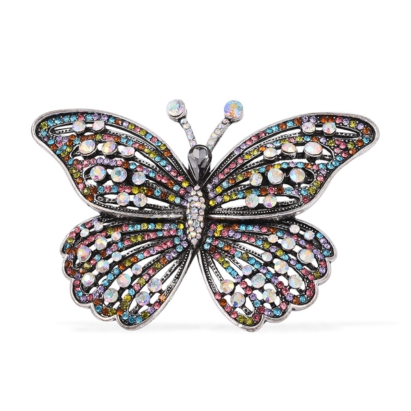Multi Colour Crystal and Simulated Grey Spinel Butterfly Brooch in Silver Tone