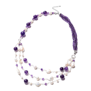 GP- Amethyst and Freshwater Pearl Necklace (Size 24 with 3 inch Extender) in Rhodium Overlay Sterlin