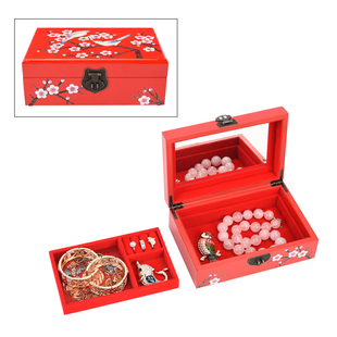 2 Layer Birds and Flower Pattern Japanese Artwork Jewellery Box with Inside Mirror and Removable Tra