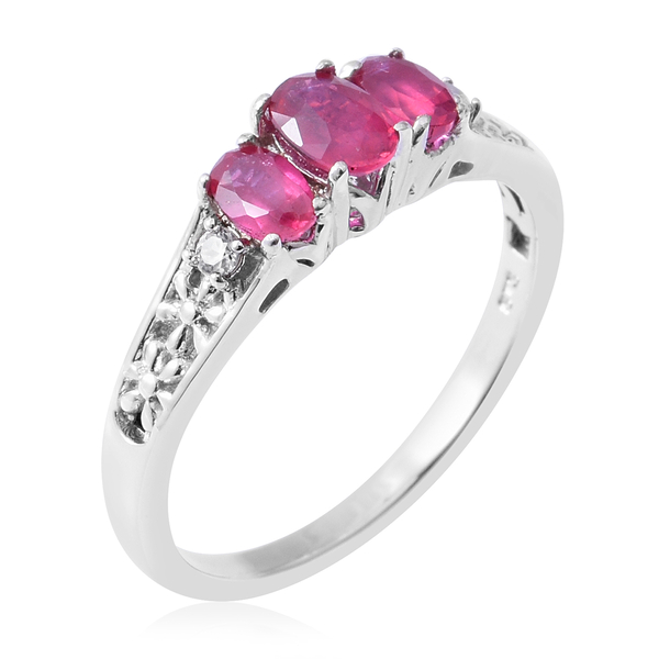 African Ruby (Ovl 1.25 Ct), Natural White Cambodian Zircon Ring in Rhodium Overlay Sterling Silver 1.350 Ct.