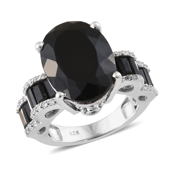 11.25 Ct Black Tourmaline and Multi Gemstone Classic Ring in Platinum Plated Silver 6.57 Grams