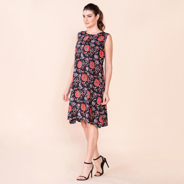 TAMSY 100% Viscose Floral Pattern Sleeveless Dress (Size 14) - Black