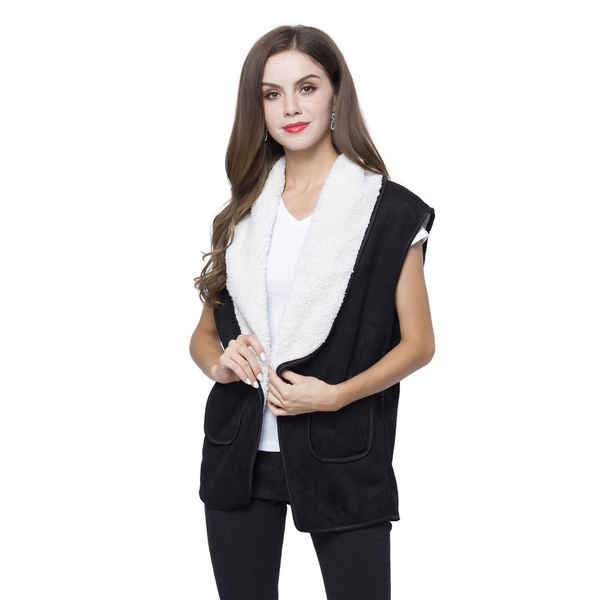 New Season - Black Colour Drape Collar Sherpa Style Gilet (Size 80X50 Cm) with Pockets (Size 14X12 C