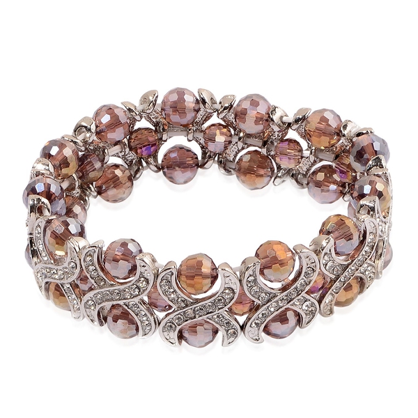 Simulated Amethyst and White Austrian Crystal Stretchable Bracelet (Size 7.5) in Silver Tone