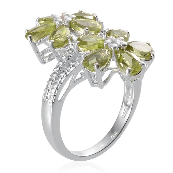 Hebei Peridot (Pear), White Topaz Twin Floral Ring in Platinum Overlay Sterling Silver 4.750 Ct.