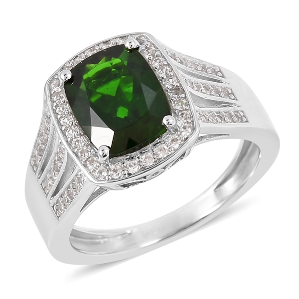 Diopside and Natural White Cambodian Zircon Ring in Rhodium Plated Sterling Silver 2.675 Ct