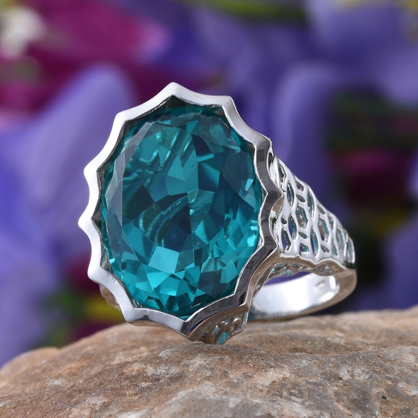 Capri Blue Quartz (Ovl) Ring in Platinum Overlay Sterling Silver 18.750 Ct.