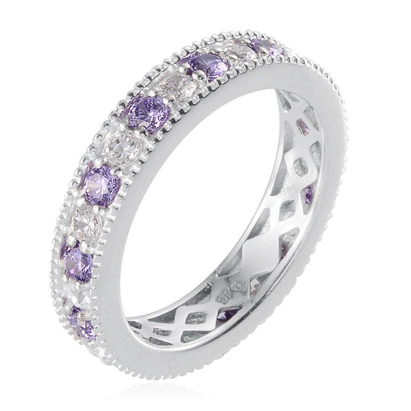 AAA Simulated Tanzanite (Rnd), Simulated Diamond Full Eternity Ring in Platinum Overlay Sterling Silver
