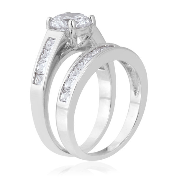 ELANZA Simulated Diamond (Rnd) 2 Ring Set in Rhodium Overlay Sterling Silver